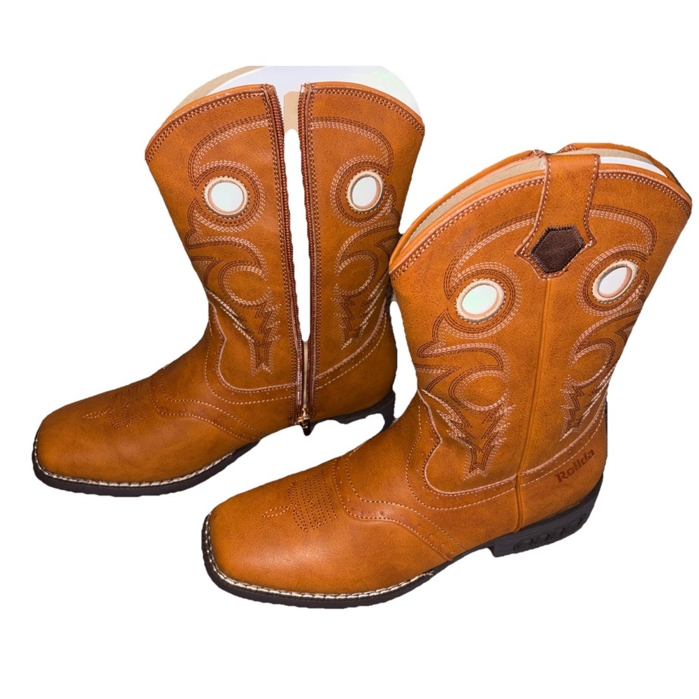 Rollda Youth Boys Cowboy Boots Size 6 Brown Vegan Leather NZX13KCPGB6B - Picture 3 of 8